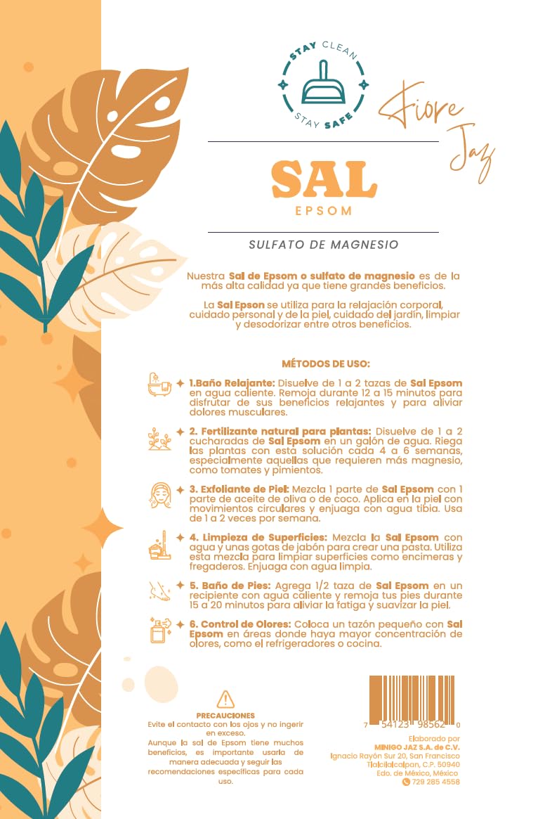Sal De Epsom - 100% Natural, Neutral - Sulfato de magnesio, sin aroma - (Grado Alimenticio)
