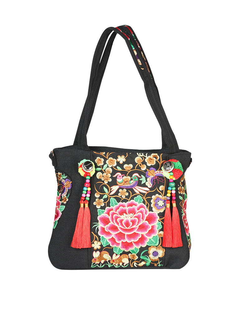 Bolsa de Mujer El General AC-167 Bordada en Tela Color Negro/Rosa 702182