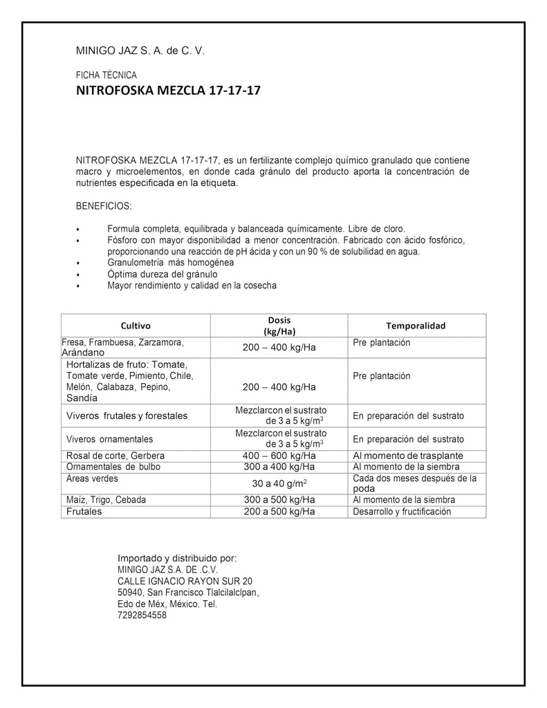 Nitrofoska - Mezcla 17-17-17 – Crecimiento y Desarrollo Equilibrado
