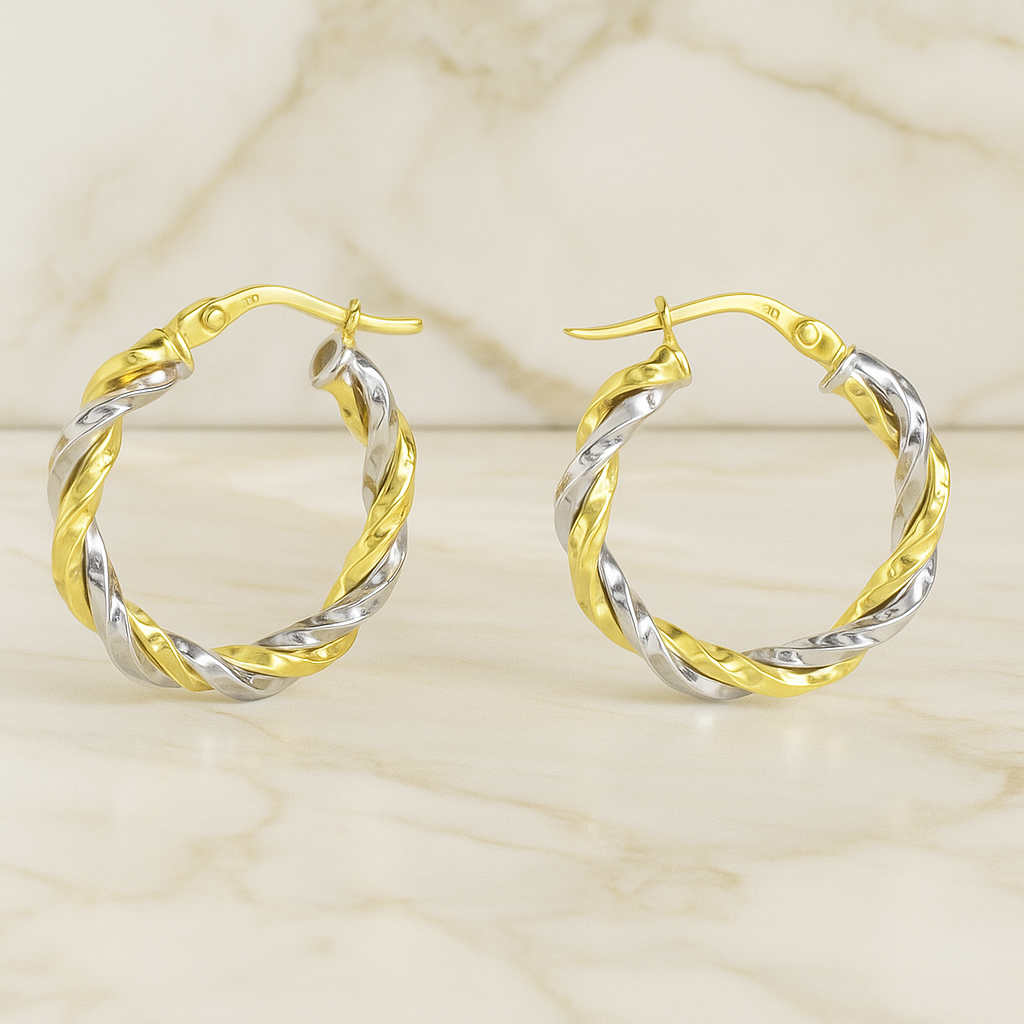 Arracadas con tubos torcidos de Oro Amarillo y Blanco de 14K
