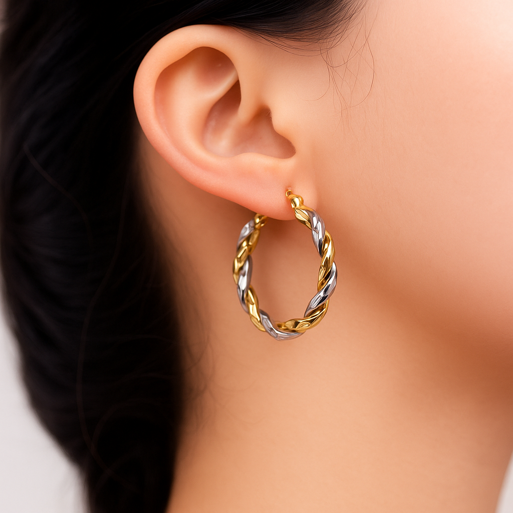 Arracadas con tubos torcidos de Oro Amarillo y Blanco de 14K