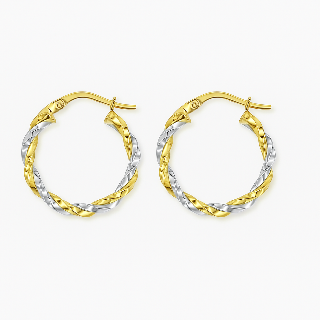 Arracadas con tubos torcidos de Oro Amarillo y Blanco de 14K