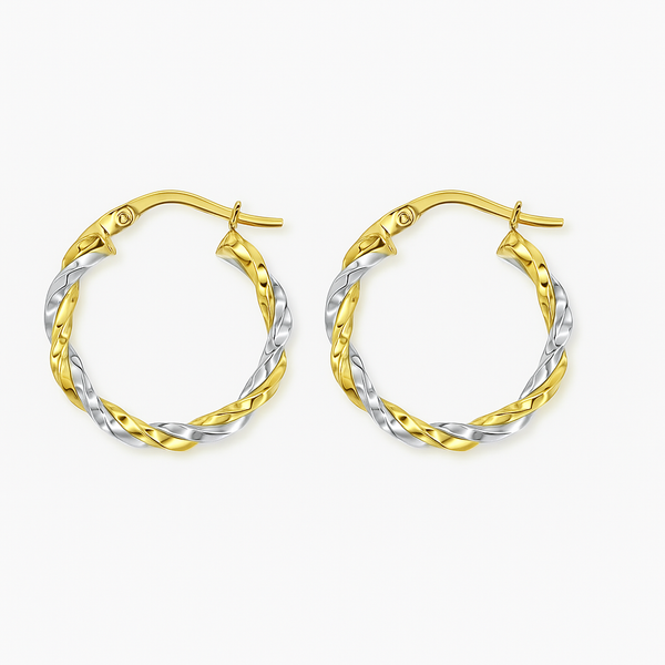 Arracadas con tubos torcidos de Oro Amarillo y Blanco de 14K