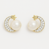 Aretes De Luna En Oro De 10k Con De Zirconia Y Perla