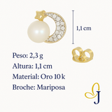 Aretes De Luna En Oro De 10k Con De Zirconia Y Perla