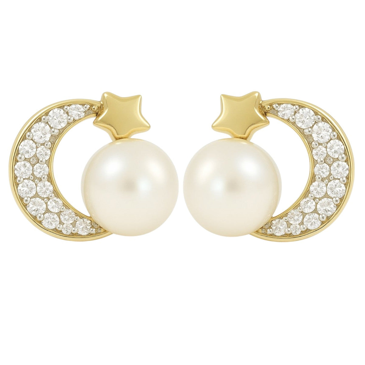 Aretes De Luna En Oro De 10k Con De Zirconia Y Perla