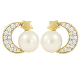 Aretes De Luna En Oro De 10k Con De Zirconia Y Perla