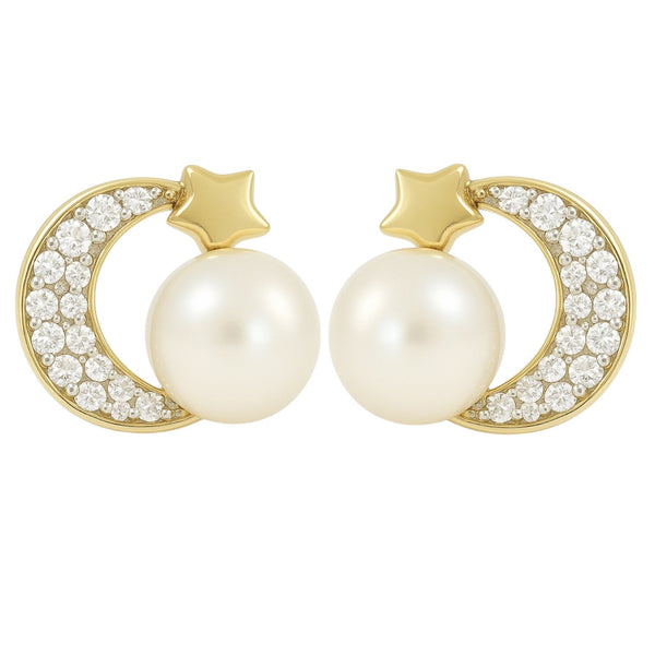 Aretes De Luna En Oro De 10k Con De Zirconia Y Perla