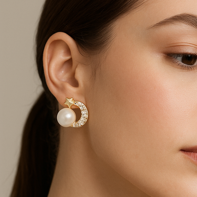 Aretes De Luna En Oro De 10k Con De Zirconia Y Perla