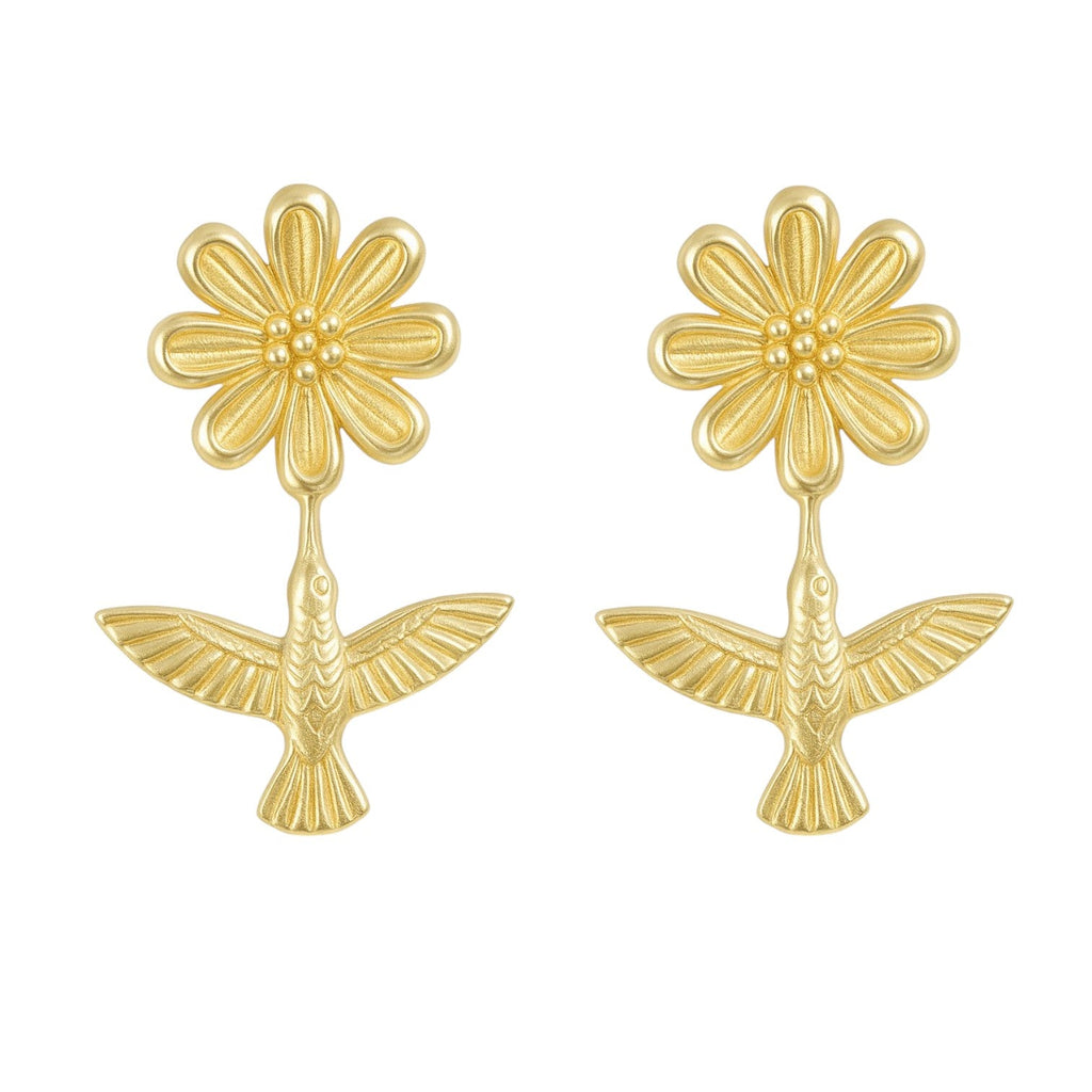 Arete broquel Colibrí con Flor en Oro de 10K