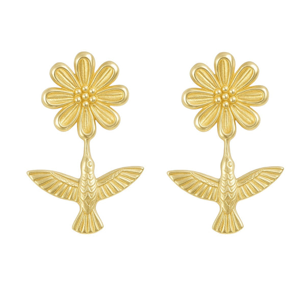 Arete broquel Colibrí con Flor en Oro de 10K
