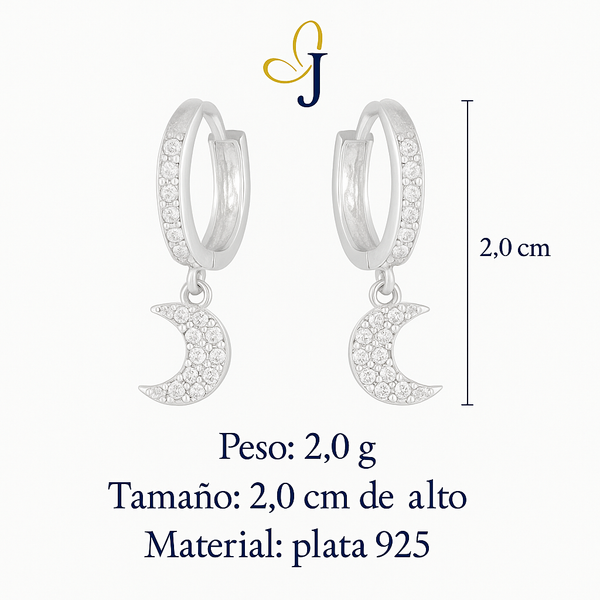 Arete Huggie De Plata 925 Con Colgate De Luna Y zirconias