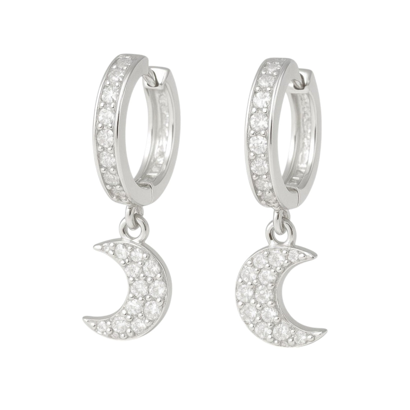 Arete Huggie De Plata 925 Con Colgate De Luna Y zirconias
