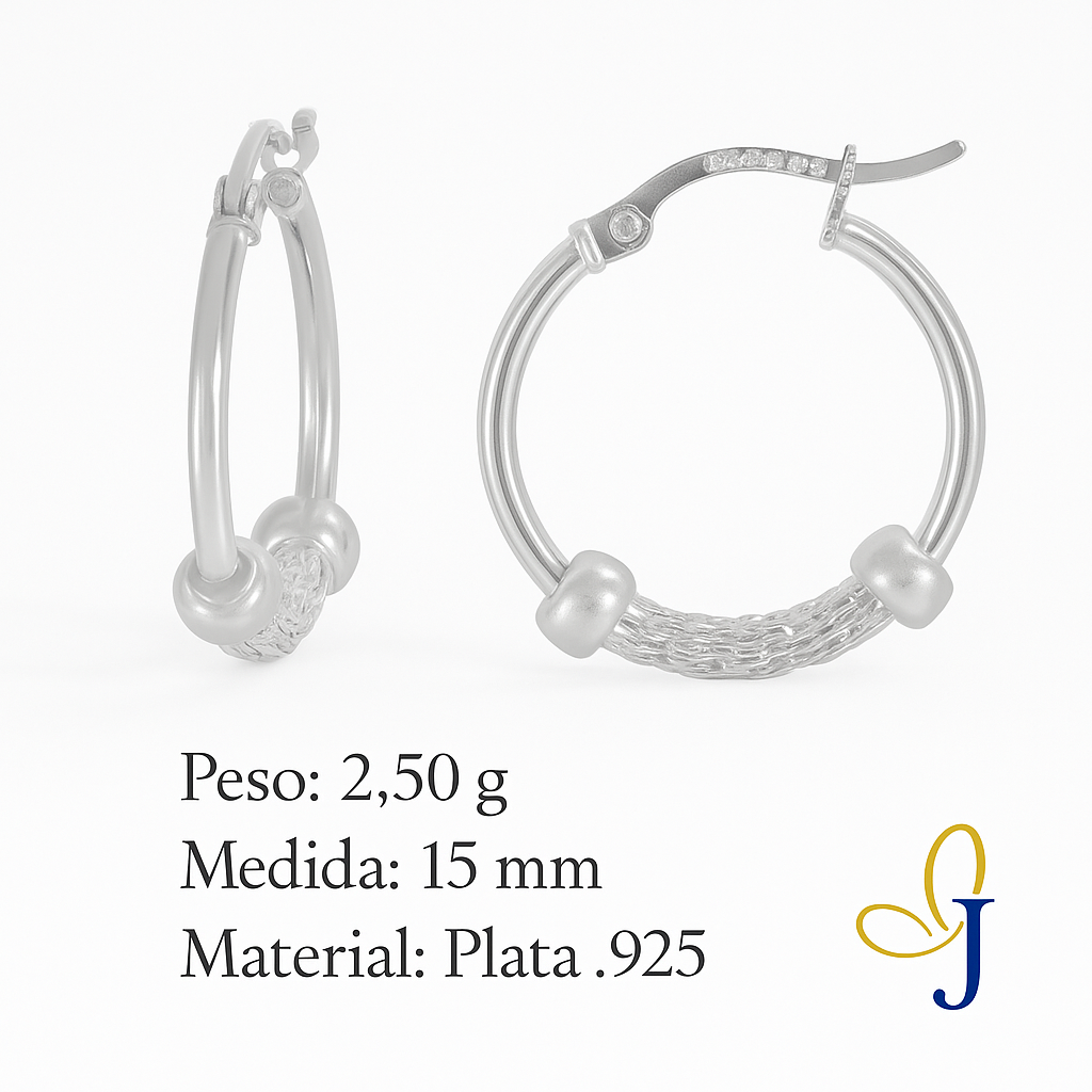 Arete Arracada Liso con Malla De Plata 925 Con Malla De 15 Mm
