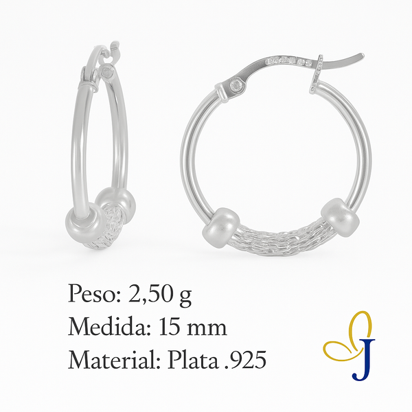 Arete Arracada Liso con Malla De Plata 925 Con Malla De 15 Mm