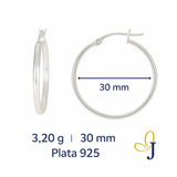 Arete Delgado De Plata 925 Liso De 30 Mm