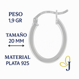 Arete Ovalado De Tubo Cuadarado De Plata 925 Liso De 20 Mm