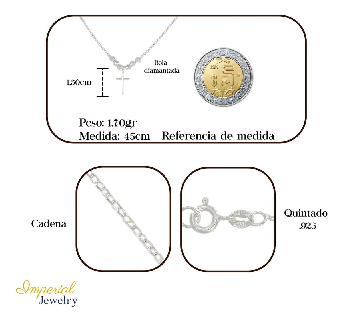 Collar De Cruz De Plata 925 Con Bola Diamantada De 45 Cm