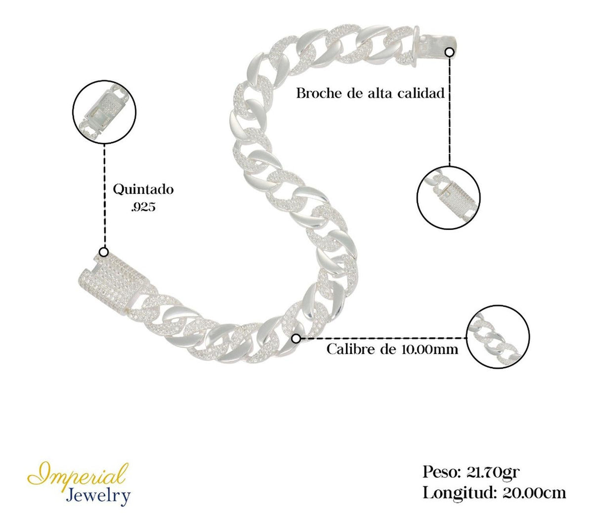 Pulsera Turca De Plata 925 Barbada Con Zirconia De 20 Cm