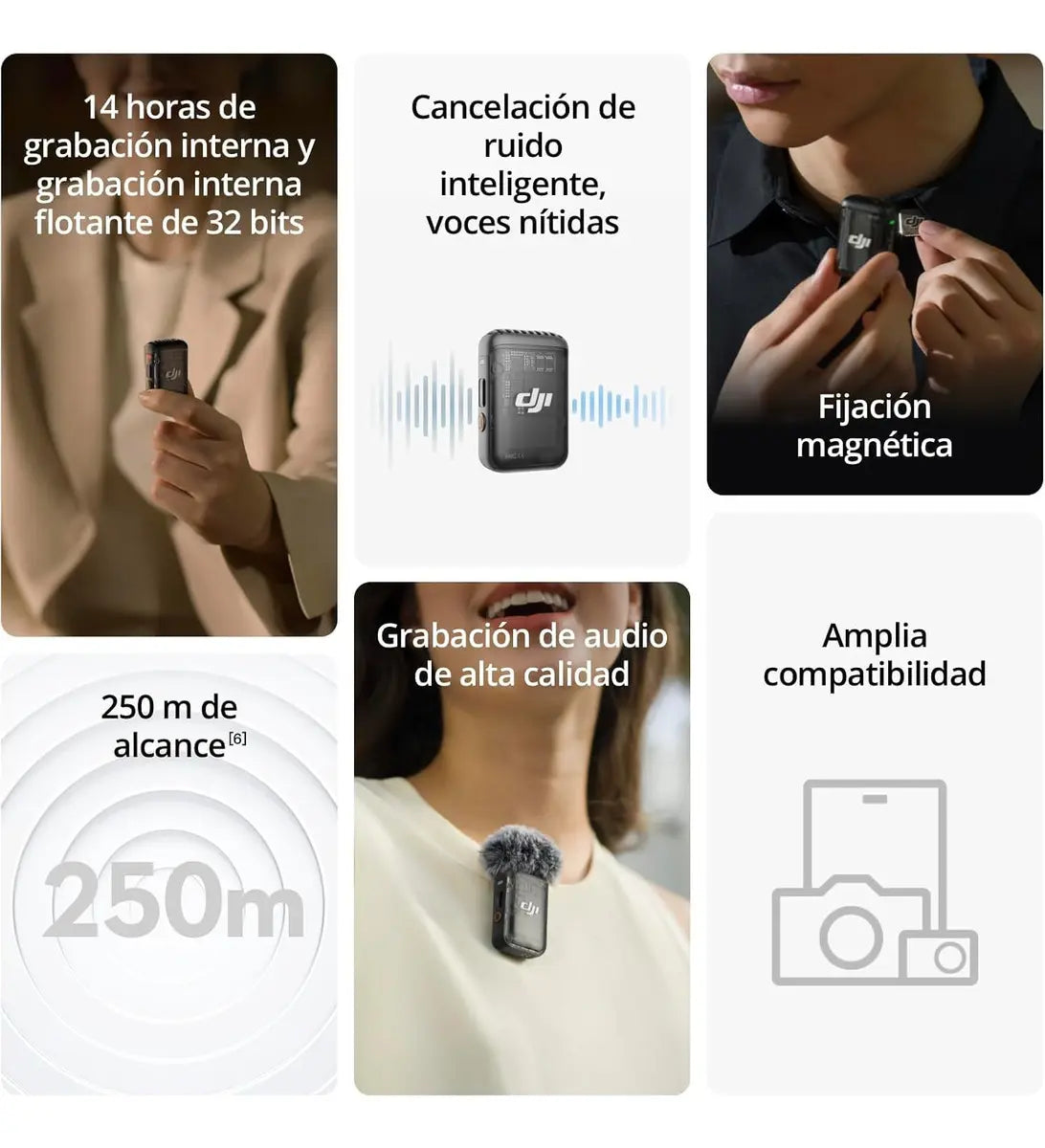 DJI Mic 2 (1 TX+1 RX) Micrófono Inalámbrico Cancelación de Ruido Inteligente, grabación Interna Flotante de 32 bits, Sonido optimizado, 250m de Alcance, micrófono para iPhone y Androi