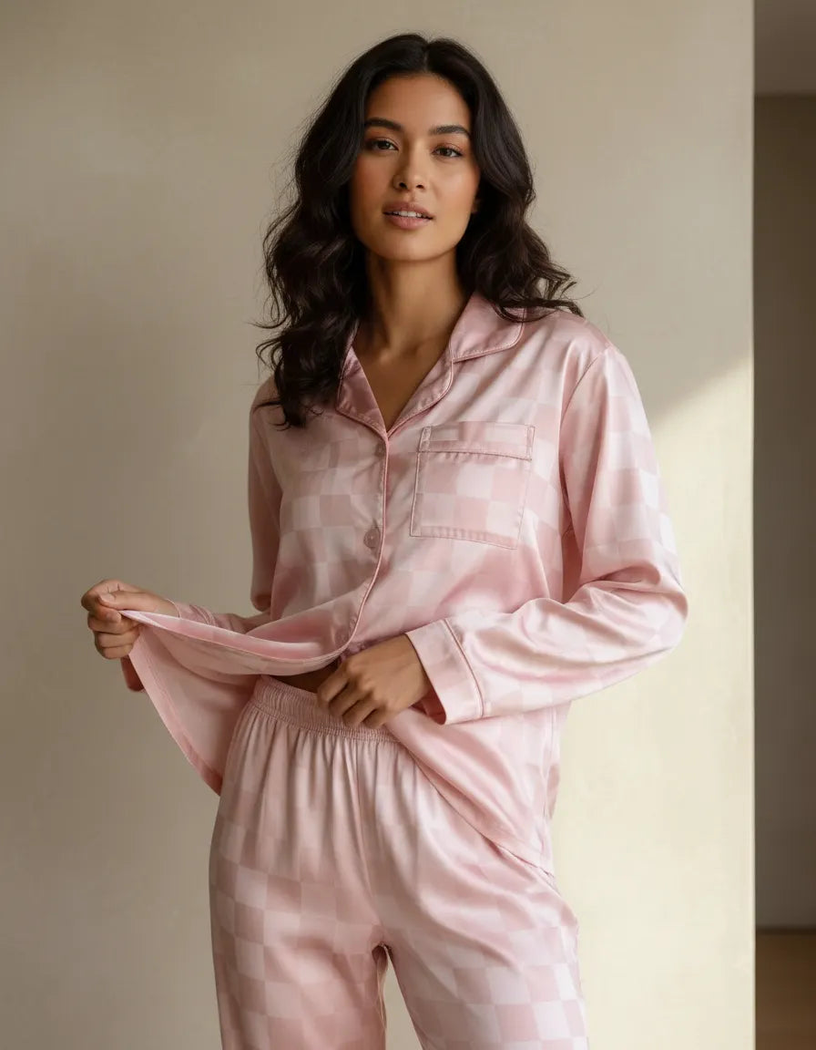 Pijama Manga Larga Simulación De Seda Satén Mujer 2 Pcs