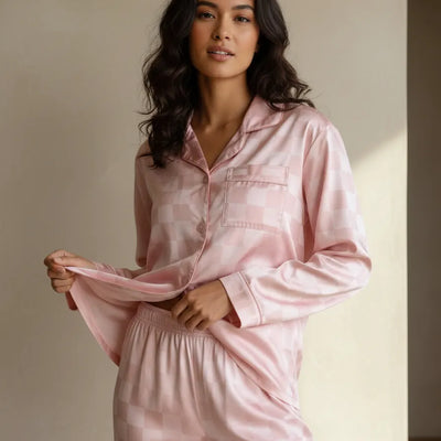 Pijama Manga Larga Simulación De Seda Satén Mujer 2 Pcs