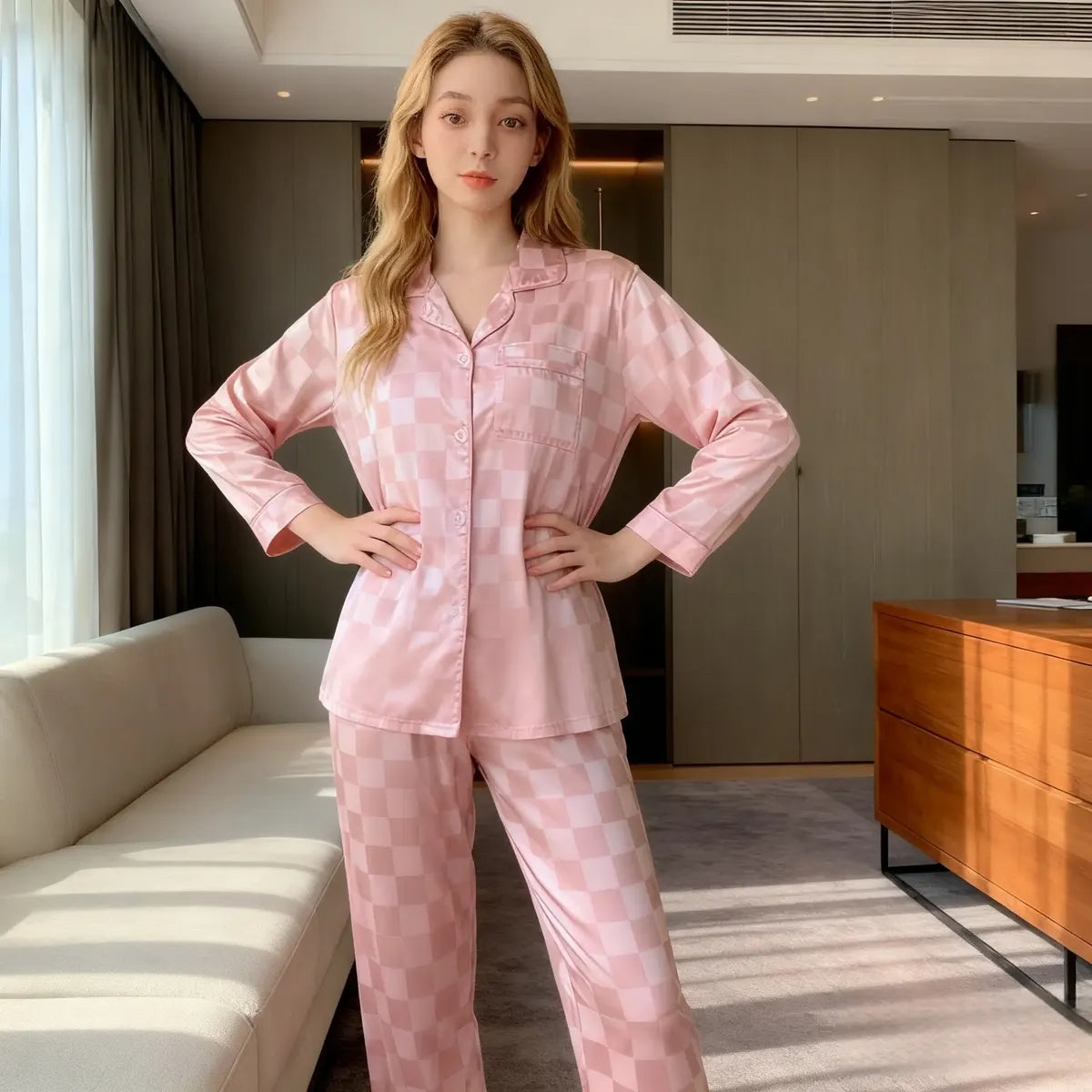 Pijama Manga Larga Simulación De Seda Satén Mujer 2 Pcs