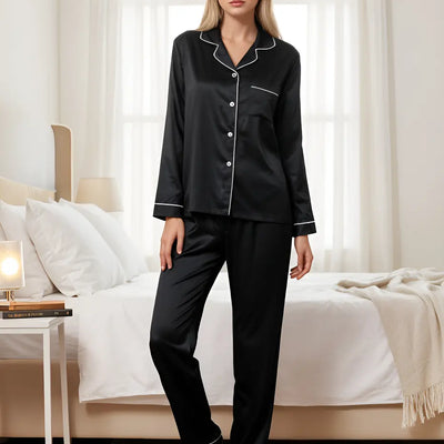 Conjunto Pijamas Manga Larga Casual Solapa Satén Para Mujer