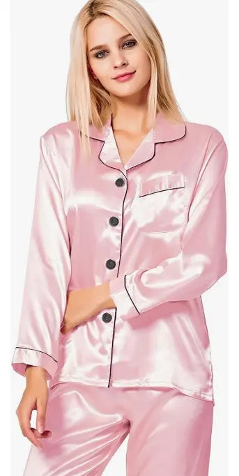 Pijamas Manga Casual Solapa Satén Para Muje Conjunto 2ps