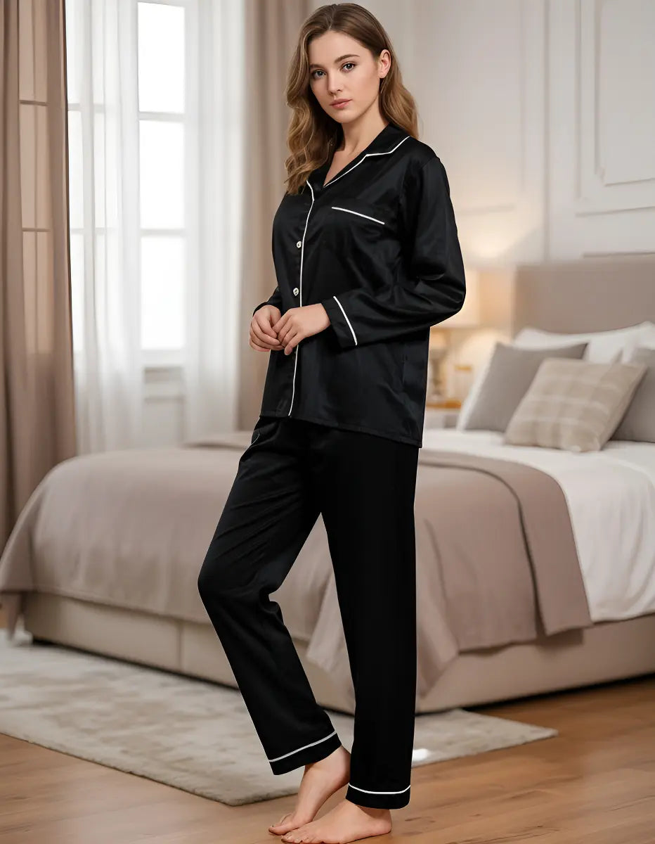 Conjunto Pijamas Manga Larga Casual Solapa Satén Para Mujer