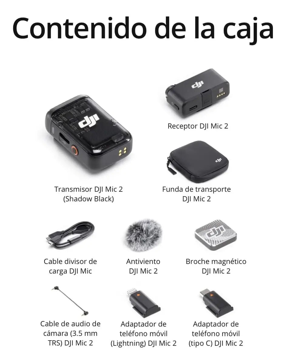 DJI Mic 2 (1 TX+1 RX) Micrófono Inalámbrico Cancelación de Ruido Inteligente, grabación Interna Flotante de 32 bits, Sonido optimizado, 250m de Alcance, micrófono para iPhone y Androi