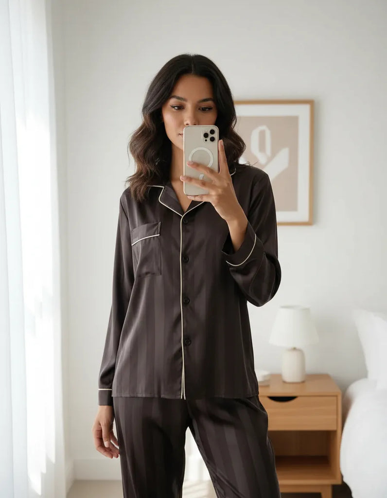 Conjunto De Pijama Manga Larga De Seda Satén Mujer 2 Pcs