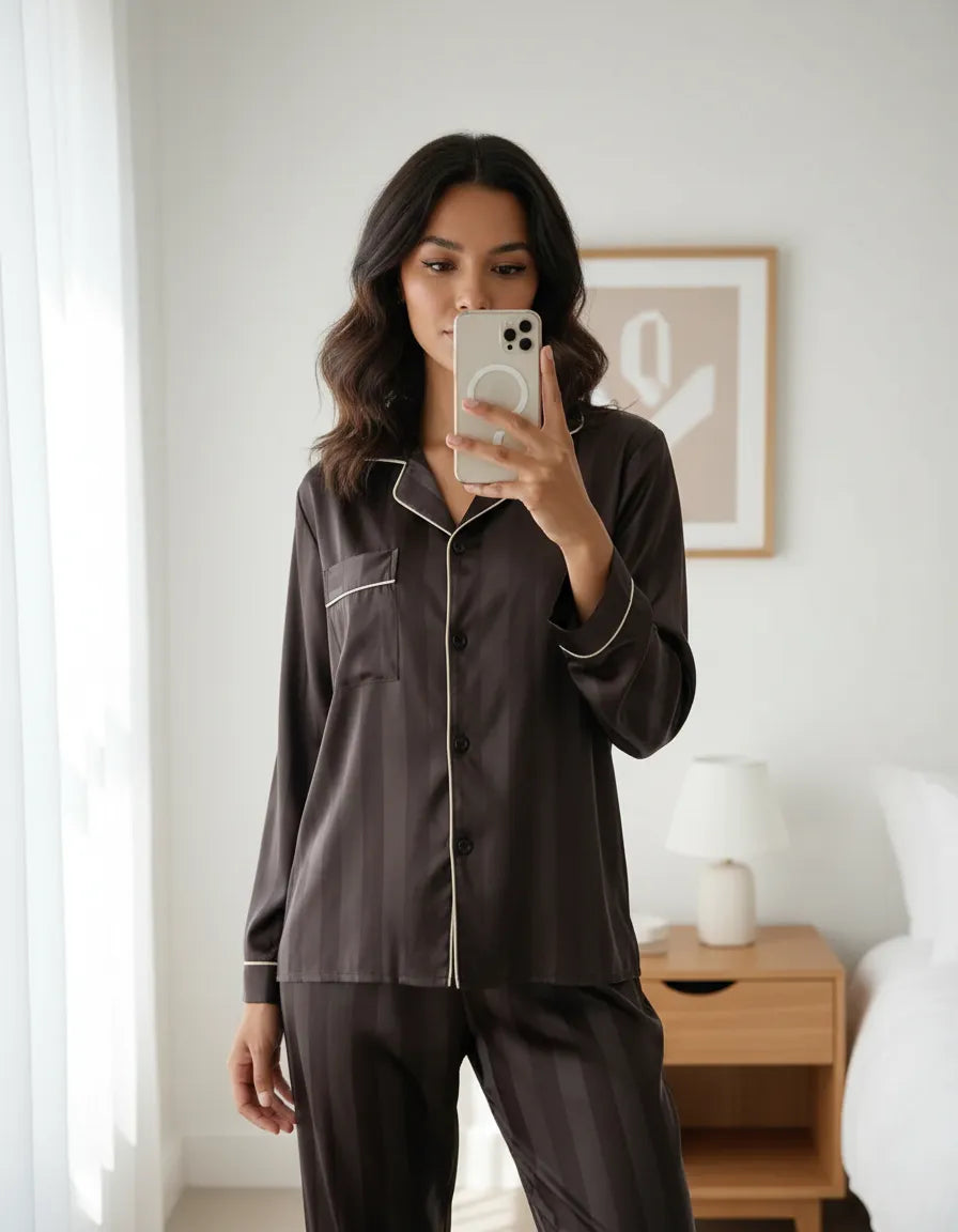 Conjunto De Pijama Manga Larga De Seda Satén Mujer 2 Pcs