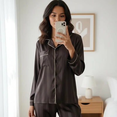 Conjunto De Pijama Manga Larga De Seda Satén Mujer 2 Pcs