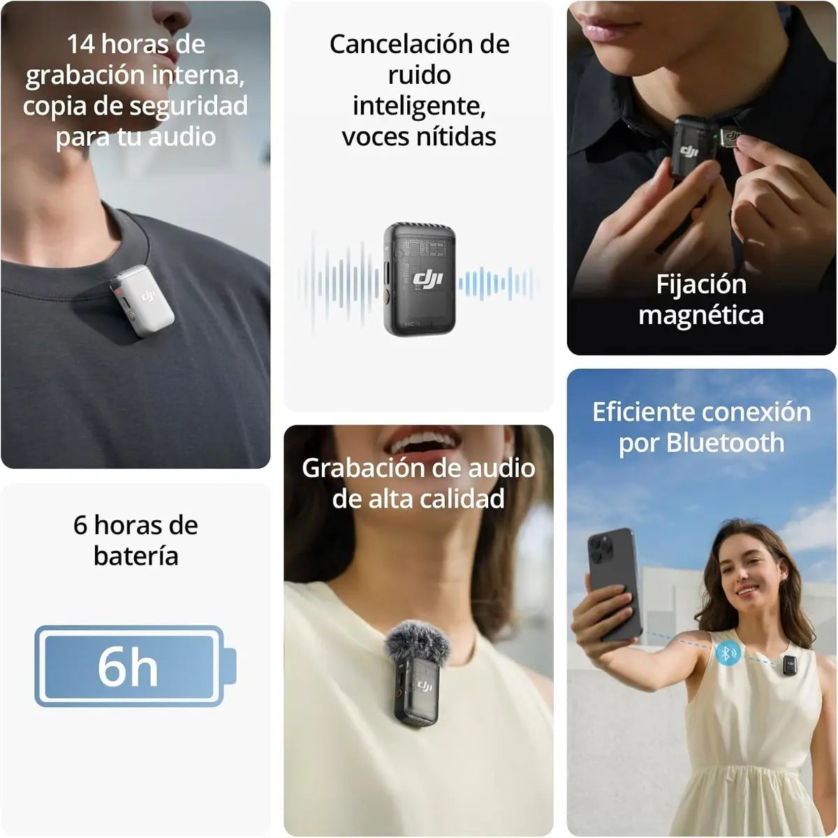 DJI Mic 2 Transmisor Inalámbrico con cancelación de Ruido Inteligente, 14 Horas grabación Interna, 6 Horas batería, fijación magnética, Bluetooth