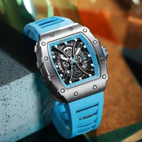 Reloj Deportivo Esqueleto Curren CUR-230 Sumergible con Caja Cuadrada y Correa de Silicón