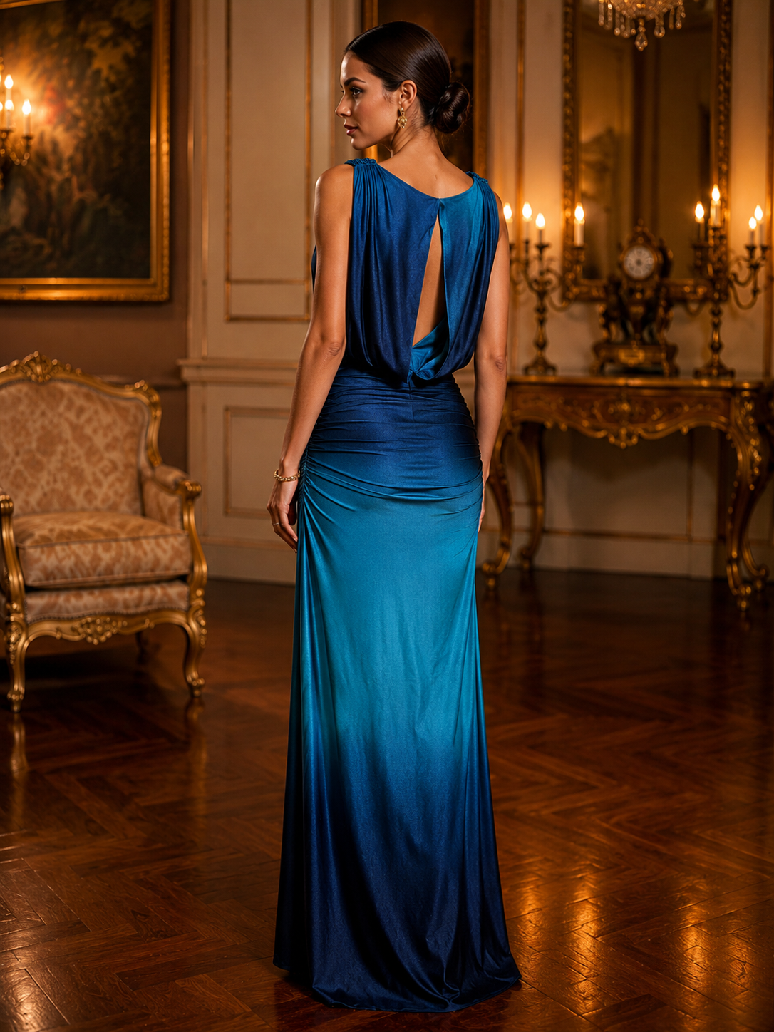 Vestido Largo Azul Petróleo Satinado con Escote Recto y Corte Sirena #19