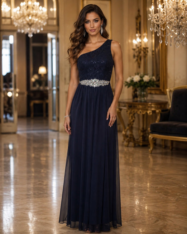 Vestido Largo Azul Marino de Un Hombro con Cinturón de Pedrería #11