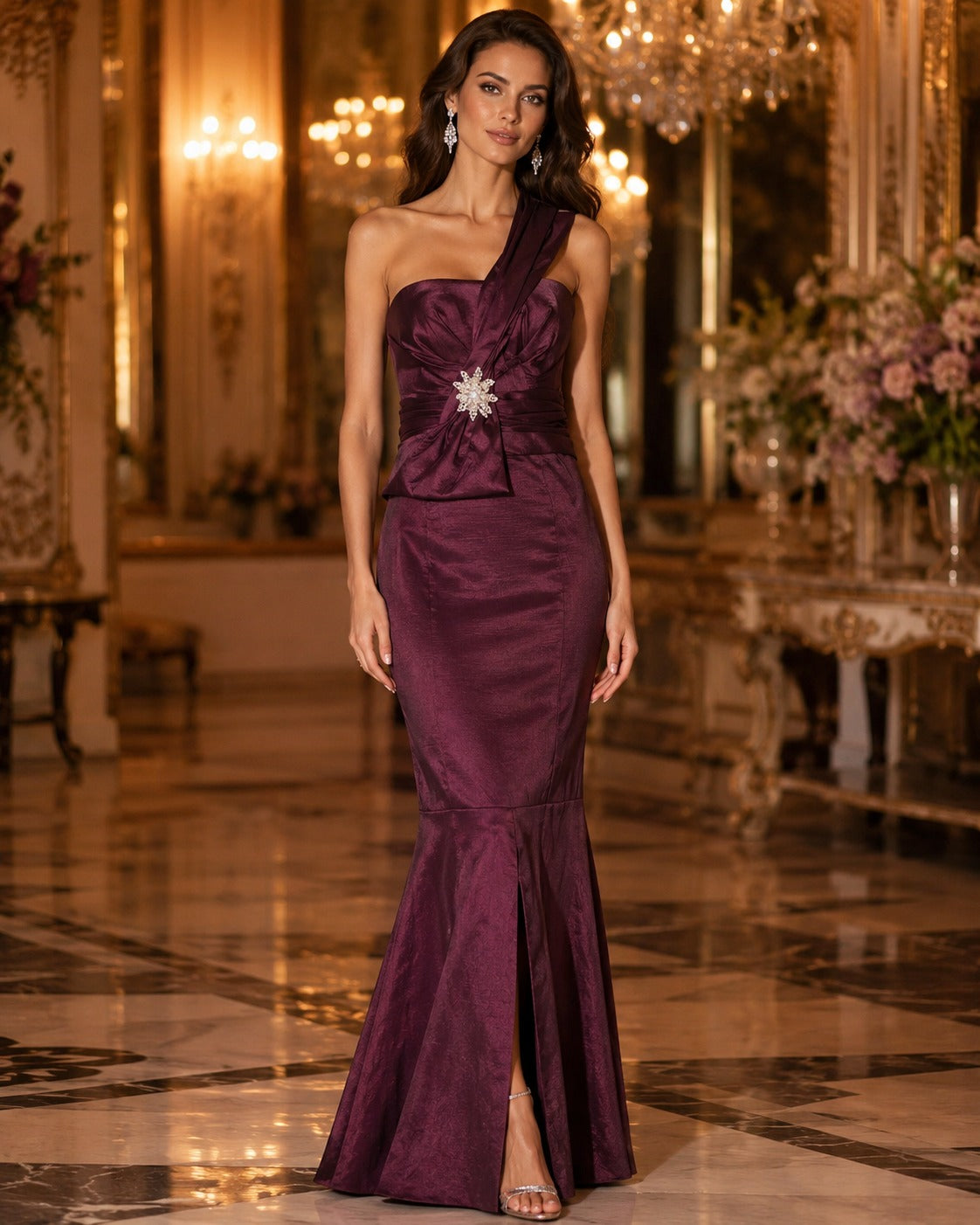 Vestido Largo Color Vino de Un Hombro con Broche de Pedrería