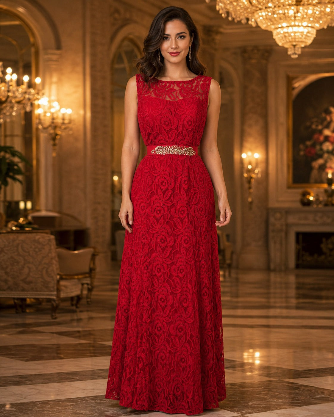 Vestido Largo Rojo de Encaje con Cinturón de Pedrería #14