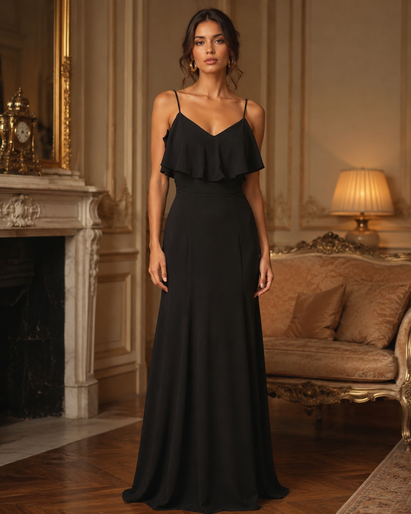 Vestido Largo Negro con Tirantes y Olan en Escote #17