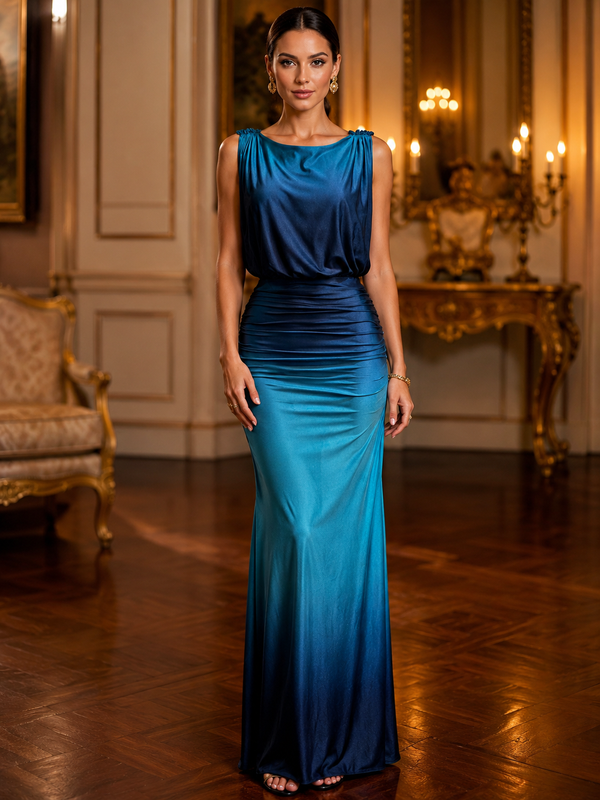 Vestido Largo Azul Petróleo Satinado con Escote Recto y Corte Sirena #19