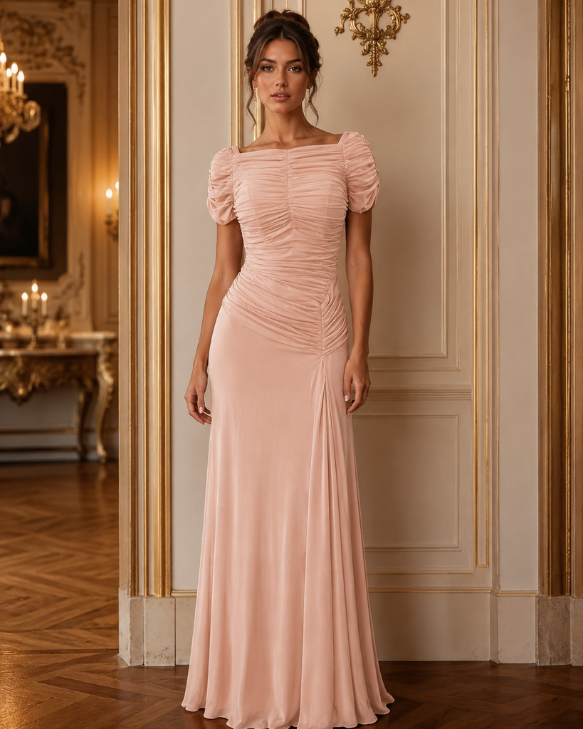 Vestido Largo Rosa Palo con Drapeado y Manga Corta #23