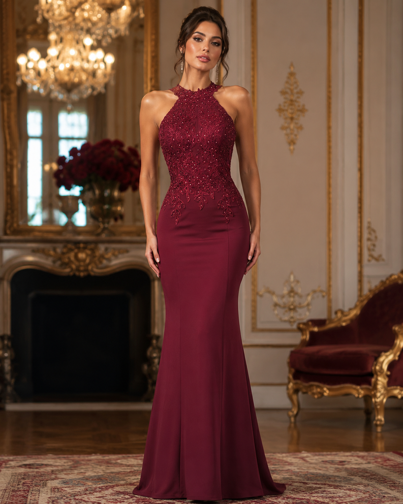 Vestido Largo Vino Tipo Sirena con Cuello Halter y Bordado de Pedrería #28