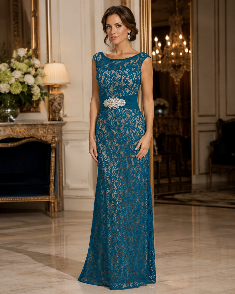 Vestido Largo Azul Petróleo de Encaje con Cinturón de Pedrería #29