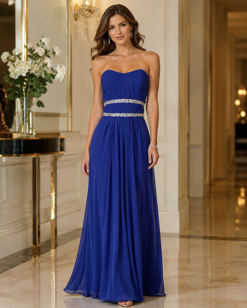 Vestido Largo Azul Rey Strapless con Pedrería en Cintura