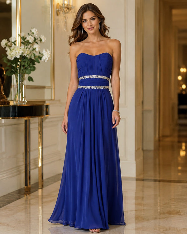 Vestido Largo Azul Rey Strapless con Pedrería en Cintura #2