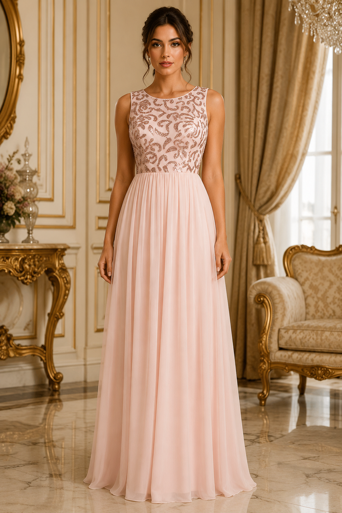 Vestido Largo Rosa Palo con Top de Lentejuela y Falda Plisada #31