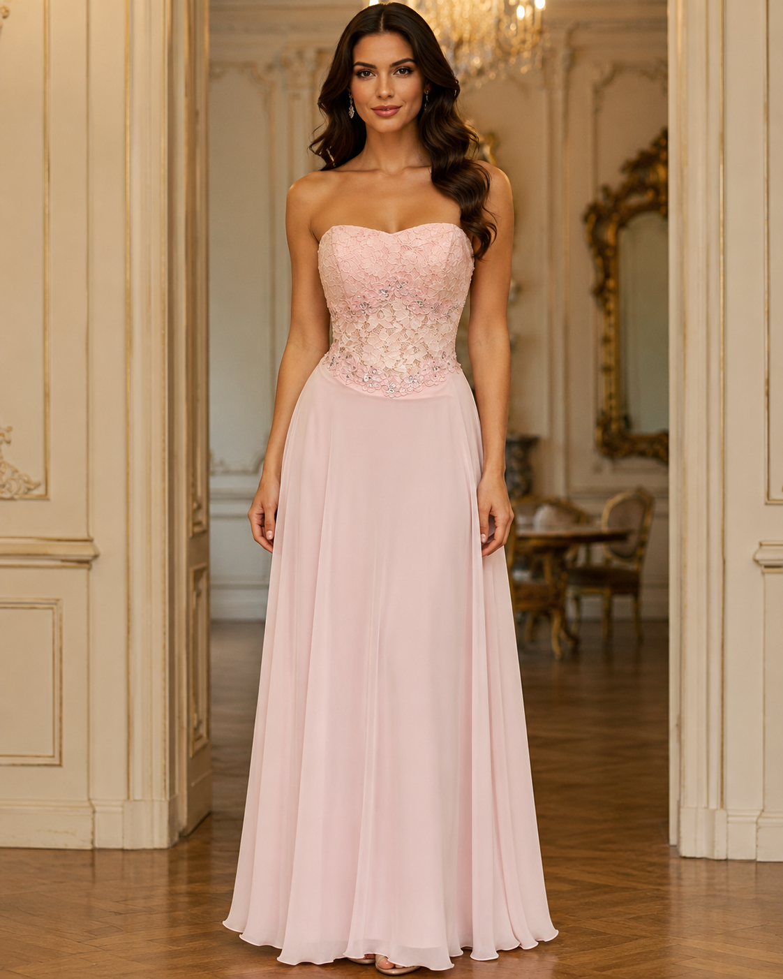 Vestido Largo Rosa Palo Strapless con Encaje y Pedrería #32