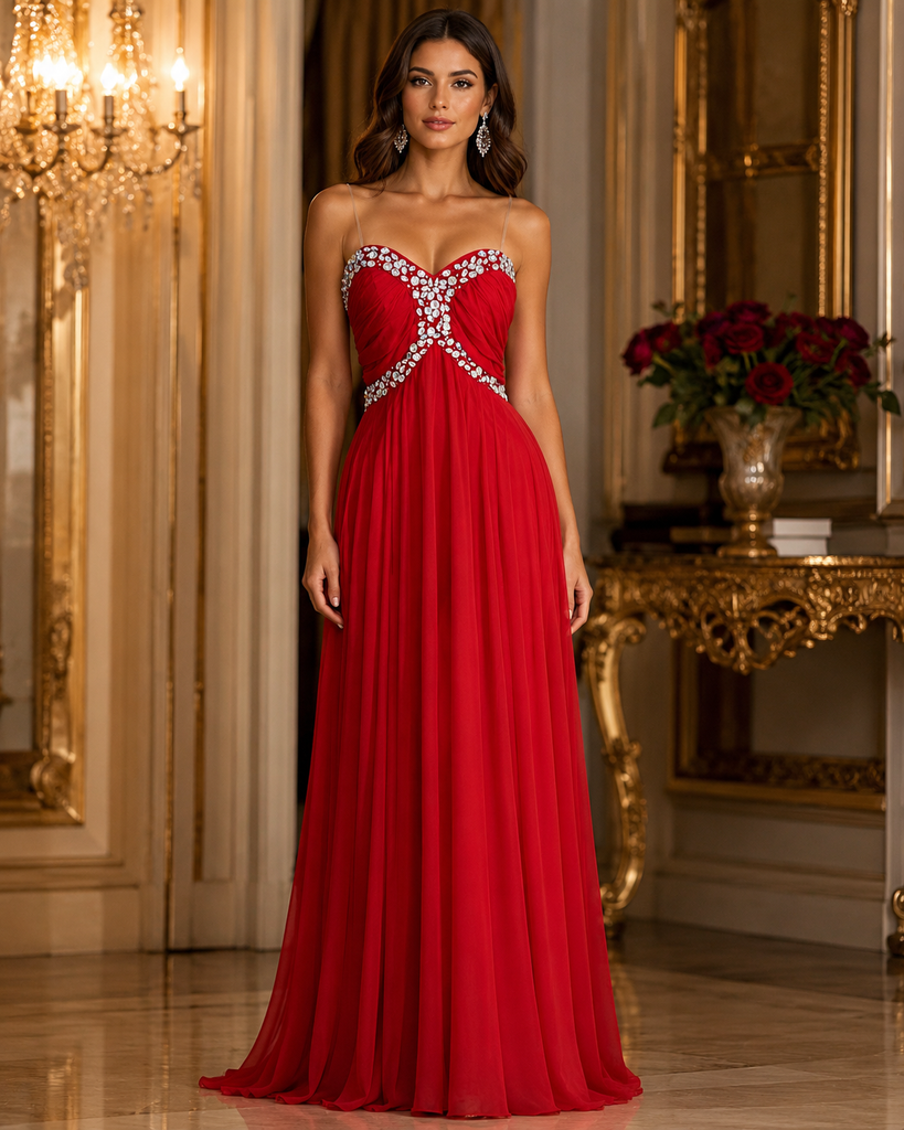 Vestido Largo Rojo de Fiesta con Pedrería y Escote Corazón #33